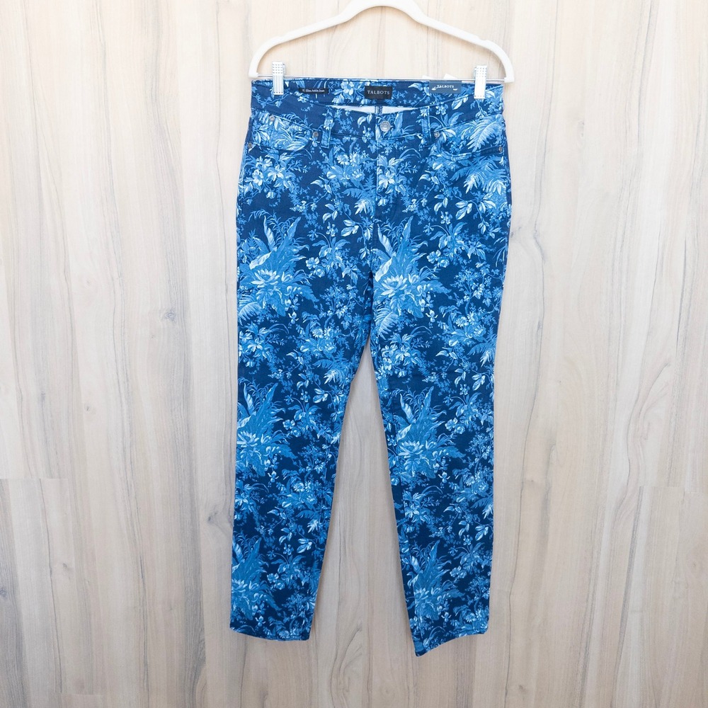 Talbots Womens Slim Ankle Jean 8 Blue Floral Toile Coastal Preppy Stretch NWT
